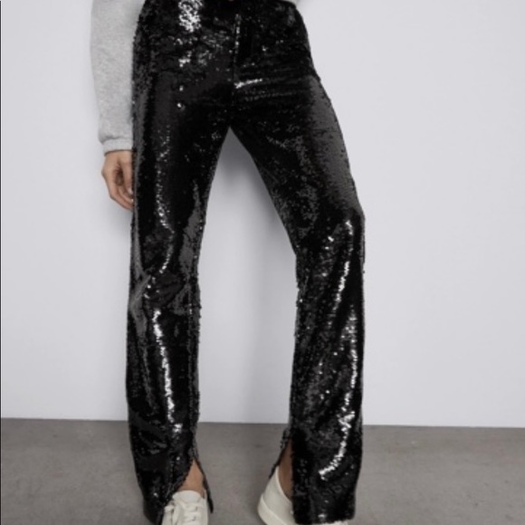 NEW Zara Sequinned Black High Waist Trousers Pants - Picture 4 of 11